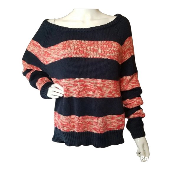 American‎ Eagle Outfitters Off Shoulder Crop Sweater Boatneck Blue Orange Sz Lrg - Picture 4 of 4
